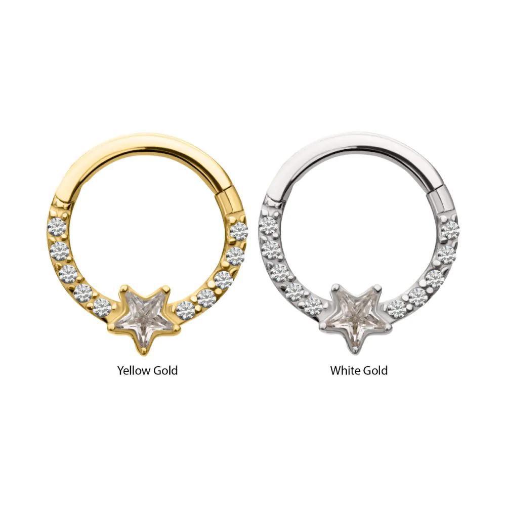 Invictus | 14k gold | Forward Facing Hinged Hoop | Star CZ