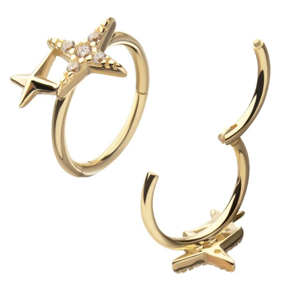 Invictus | 14k gold | Side Facing Hinged Hoop | Pave CZ Stars