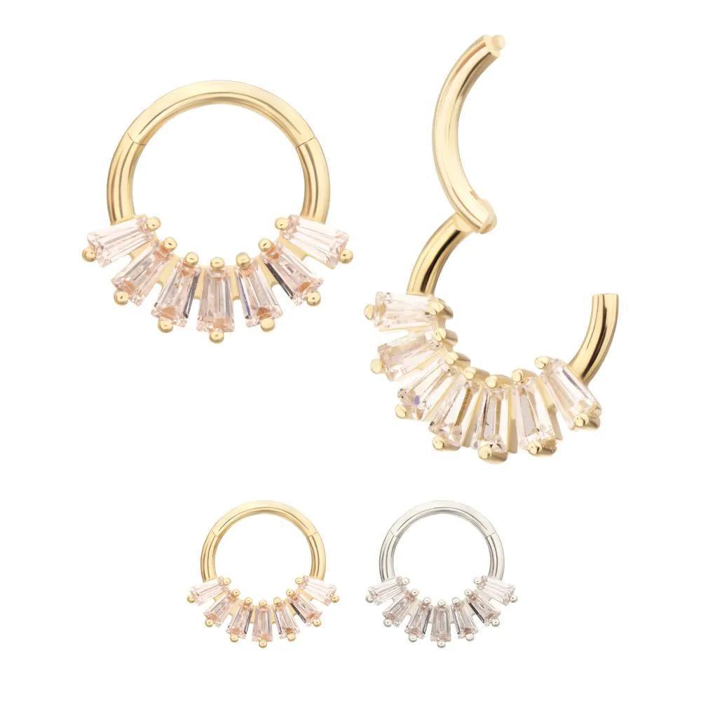 Invictus | 14k gold | Forward Facing Hinged Hoop | 7-Cluster Baguette | Clear CZ