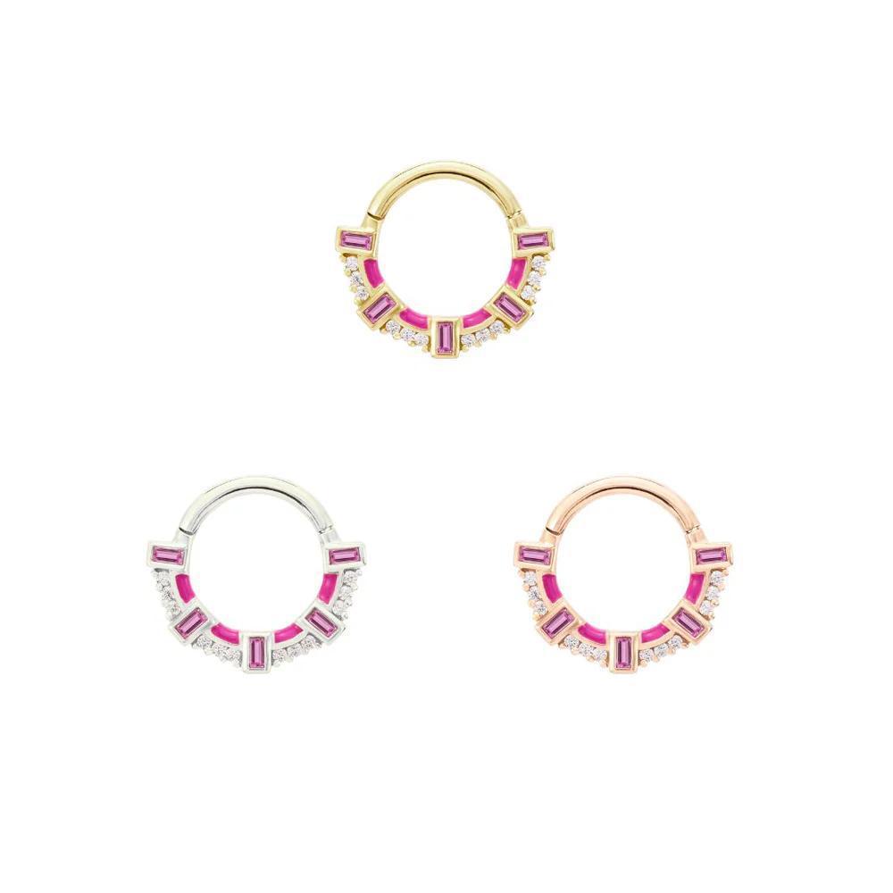 Buddha | 14k gold | Lola Hinged Hoop | Pink Sapphire + Enamel