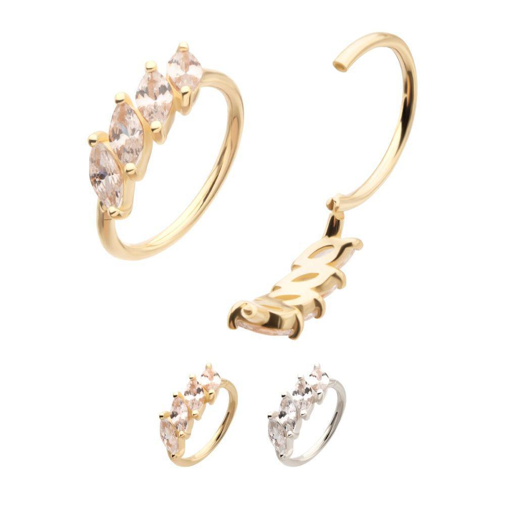 Invictus | 14K Gold | 18g 4 Marquise Staggered Prong Gem Side Facing Hinged Hoop