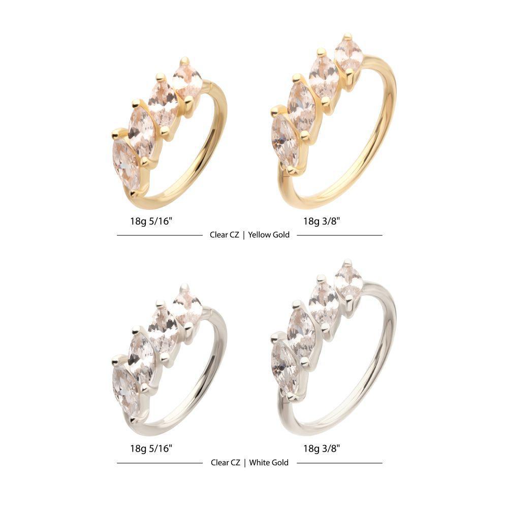 Invictus | 14K Gold | 18g 4 Marquise Staggered Prong Gem Side Facing Hinged Hoop