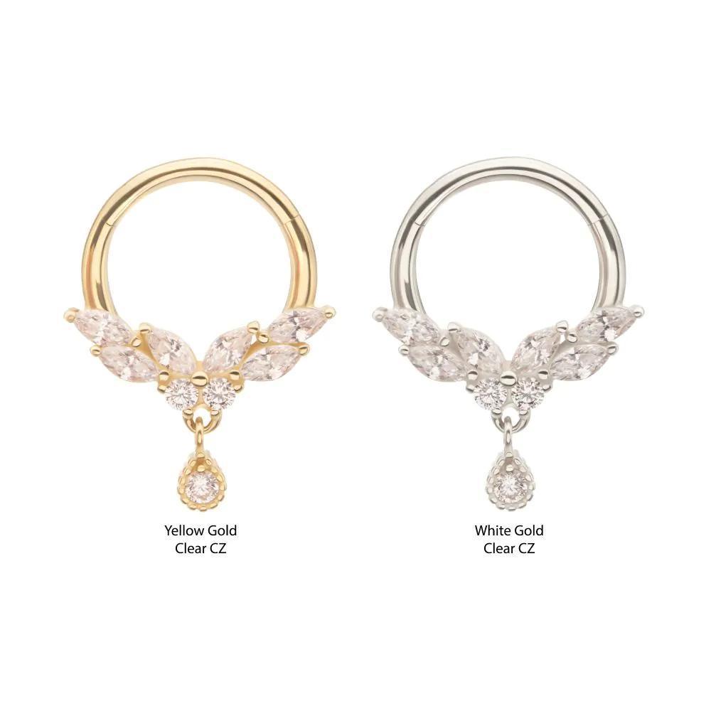 Invictus | 14k gold | Front Facing Hinged Hoop | Marquise Butterfly | Clear CZ