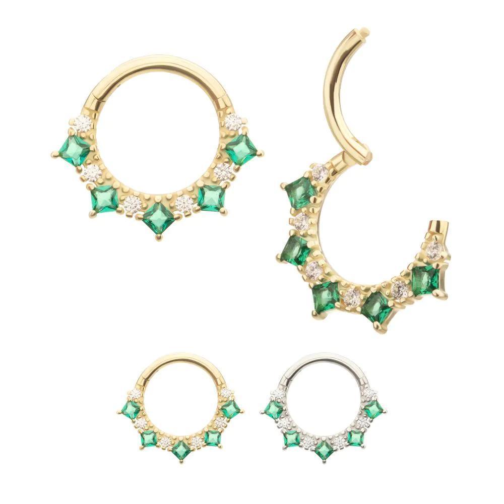Invictus | 14k gold | Front Facing Hinged Hoop | Emerald/Clear CZ