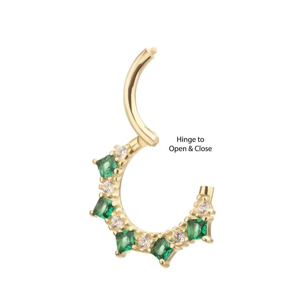 Invictus | 14k gold | Front Facing Hinged Hoop | Emerald/Clear CZ
