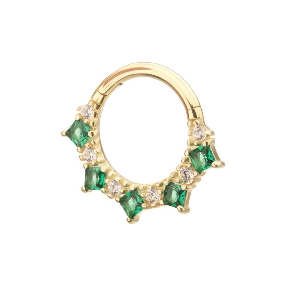 Invictus | 14k gold | Front Facing Hinged Hoop | Emerald/Clear CZ