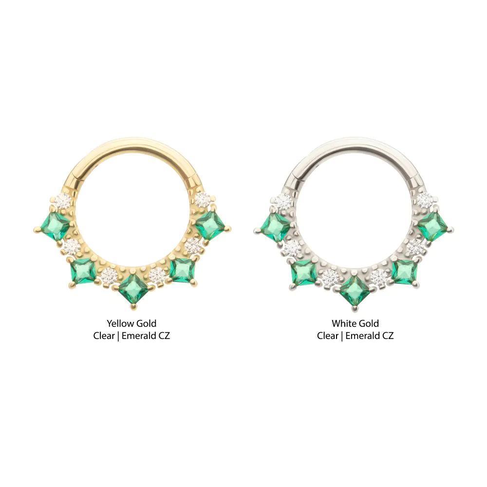 Invictus | 14k gold | Front Facing Hinged Hoop | Emerald/Clear CZ