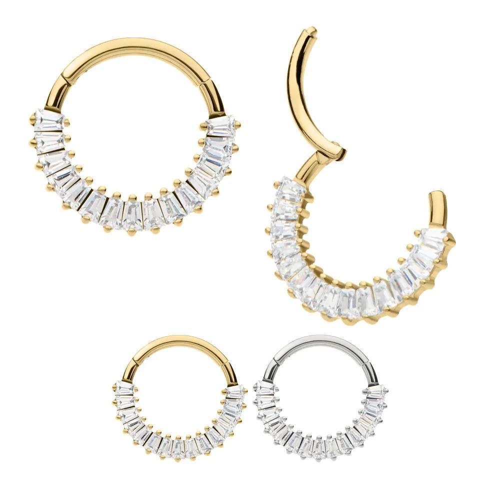 Invictus | 14k gold | Front Facing Hinged Hoop | Baguette CZ Cluster