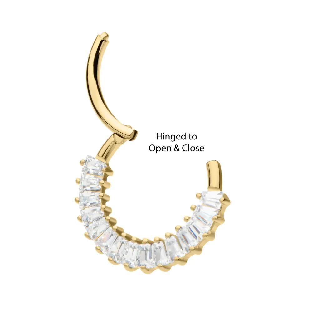 Invictus | 14k gold | Front Facing Hinged Hoop | Baguette CZ Cluster