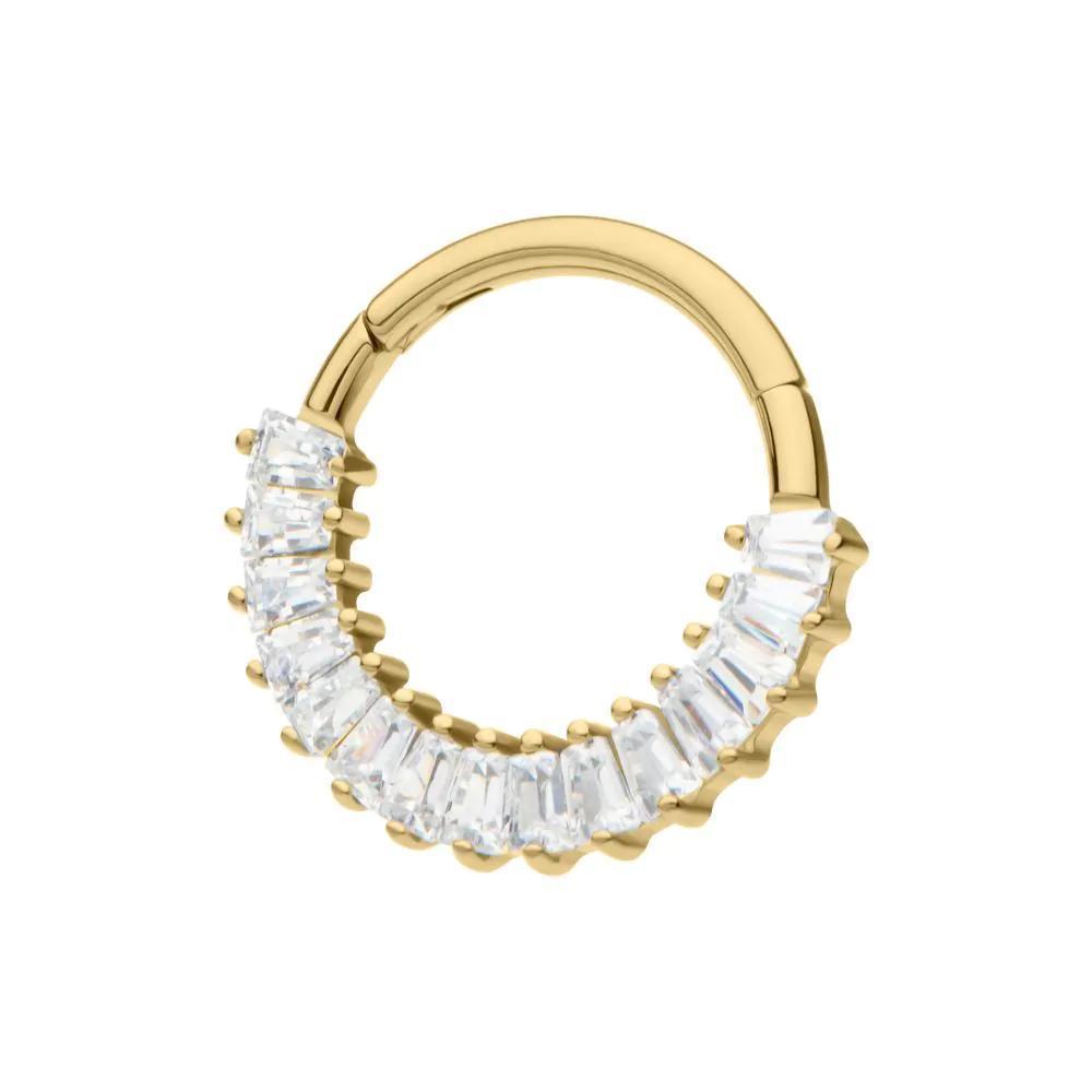 Invictus | 14k gold | Front Facing Hinged Hoop | Baguette CZ Cluster