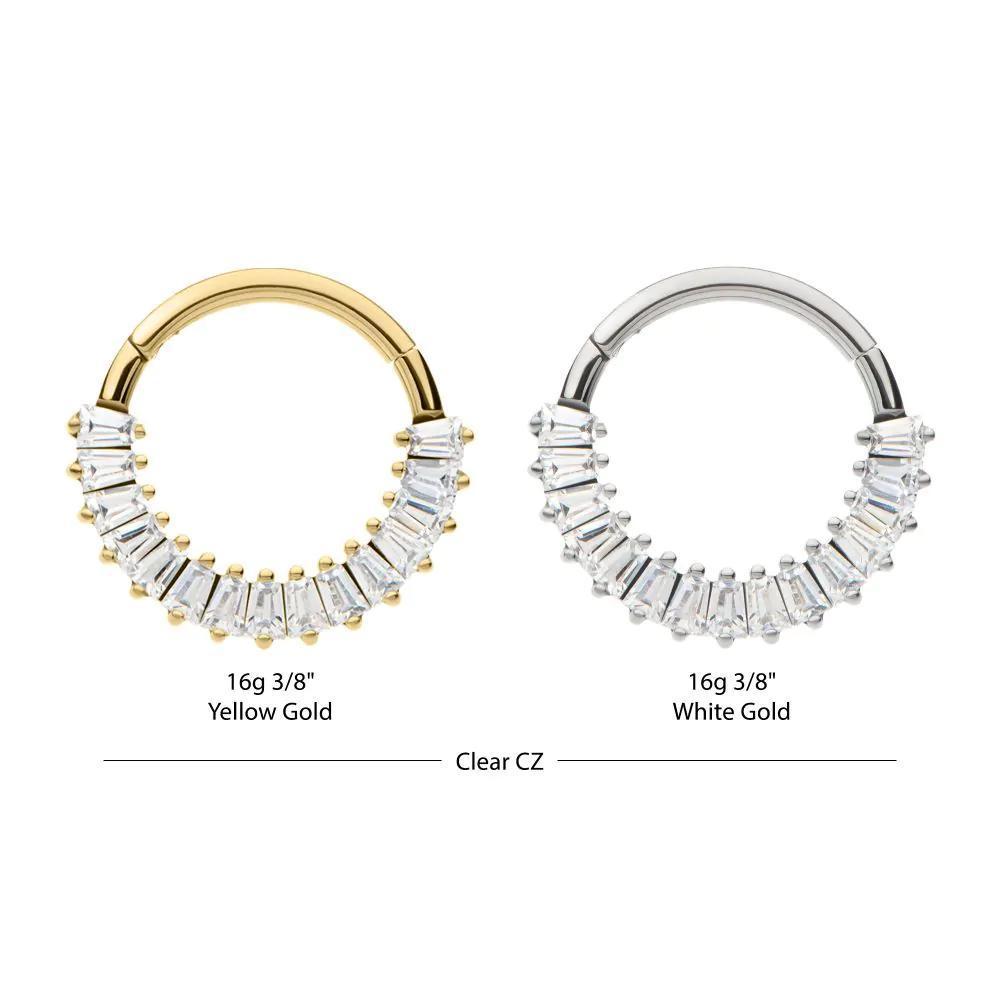 Invictus | 14k gold | Front Facing Hinged Hoop | Baguette CZ Cluster
