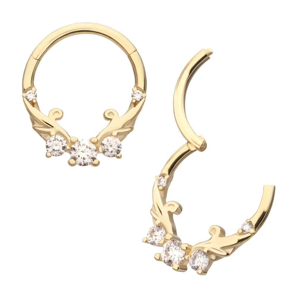 Invictus | 14k gold | Forward Facing Hinged Hoop | Vine with Pronged Gems | Clear CZ
