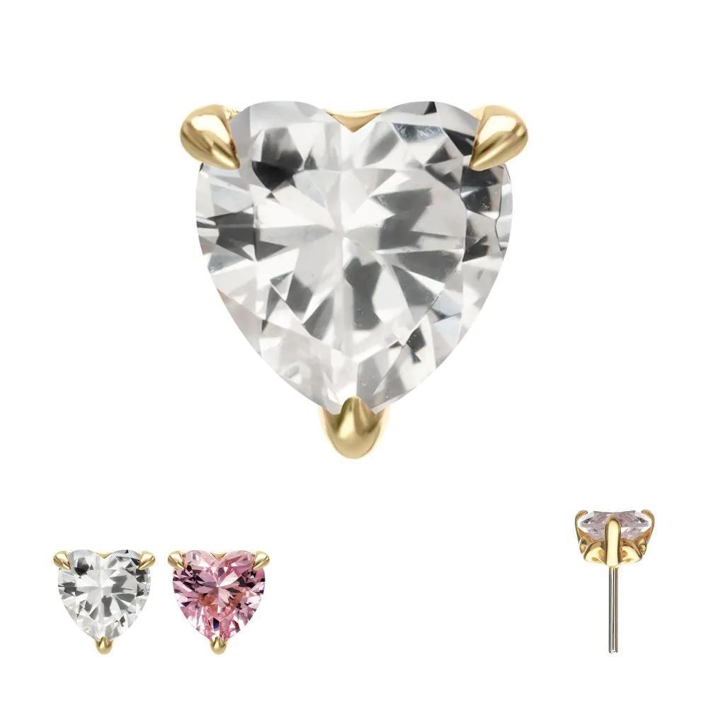 Invictus | 14k Gold | Threadless 3-Prong "Icon Heart" Gem Top | Cubic Zirconia