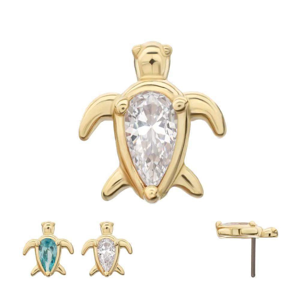 Invictus | 14k Gold | Threadless Teardrop Gem Turtle Top | Cubic Zirconia