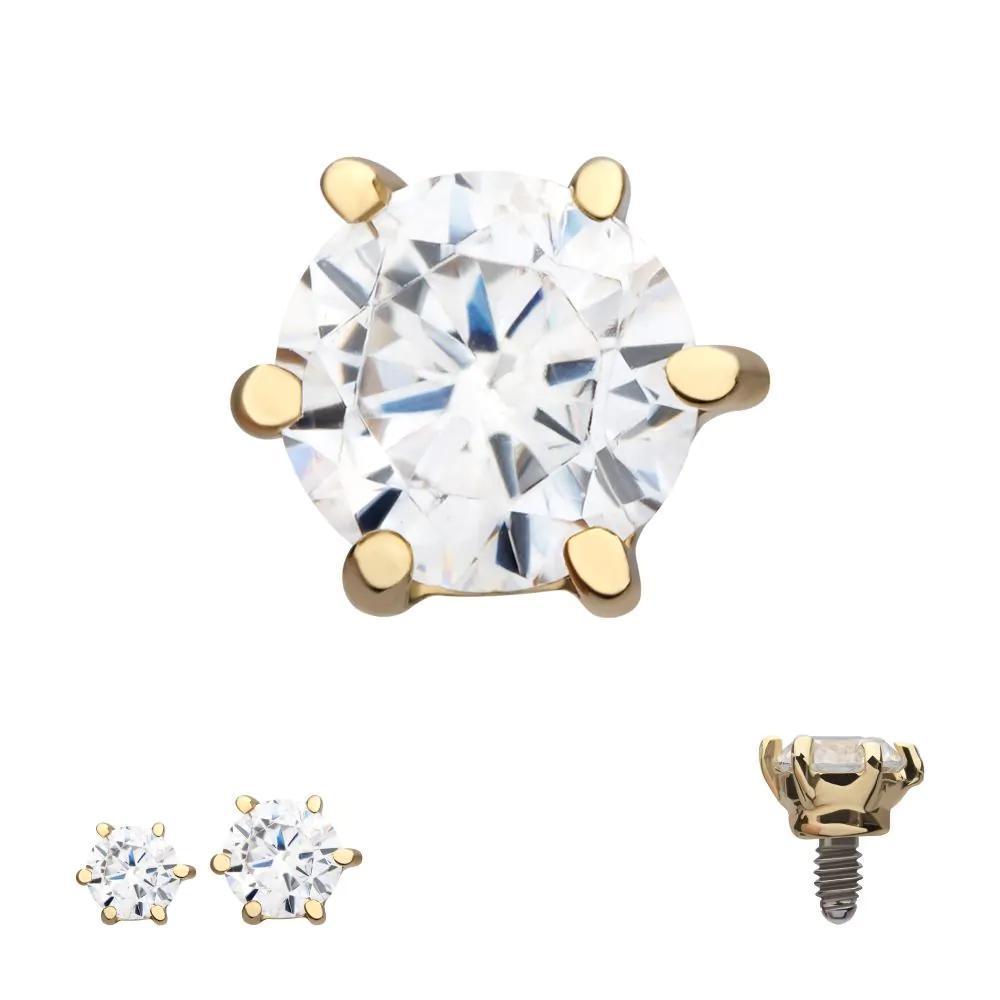 Invictus | 14k gold | 14g Dermal Top | 6-Prong Clear CZ