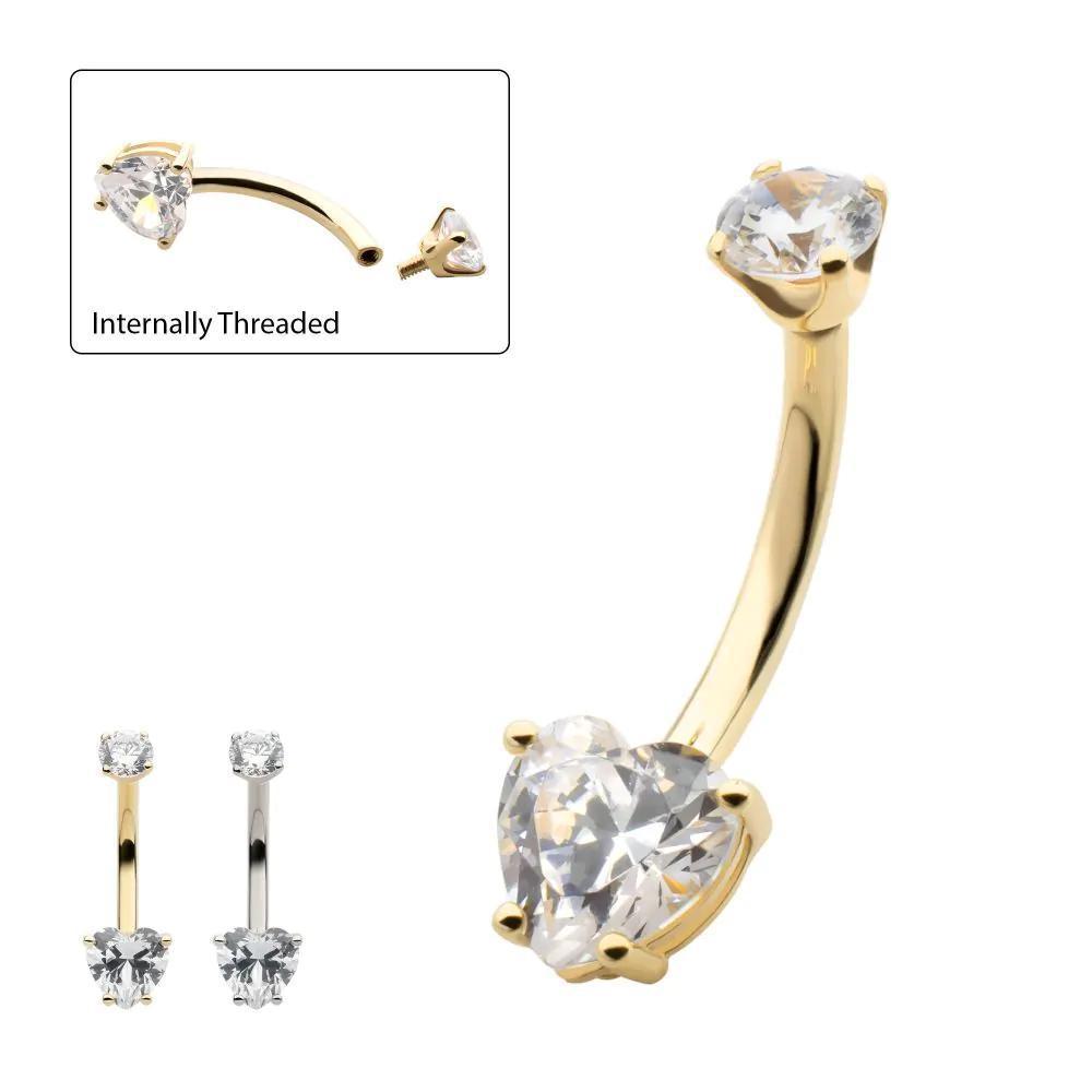 Invictus | 14k gold | 4-Prong Round & Heart Clear CZ Navel Curve