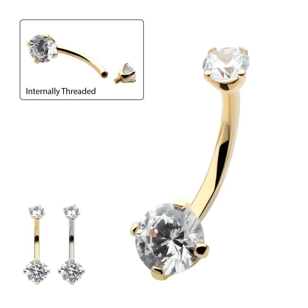 Invictus | 14k gold | Double Round 4-Prong Clear CZ Navel Curve