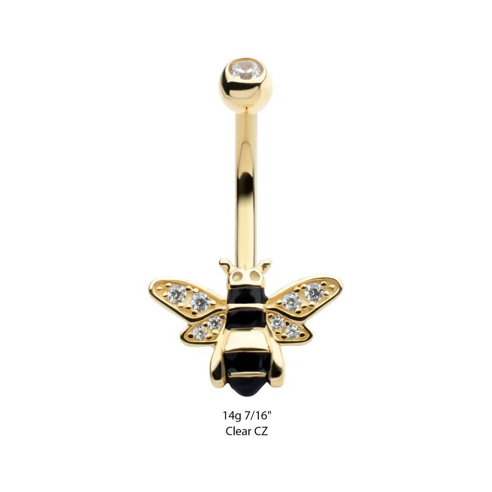 Invictus | 14k gold | Pave Set Round Clear CZ Enamel Bee Navel Curve | 14g 7/16