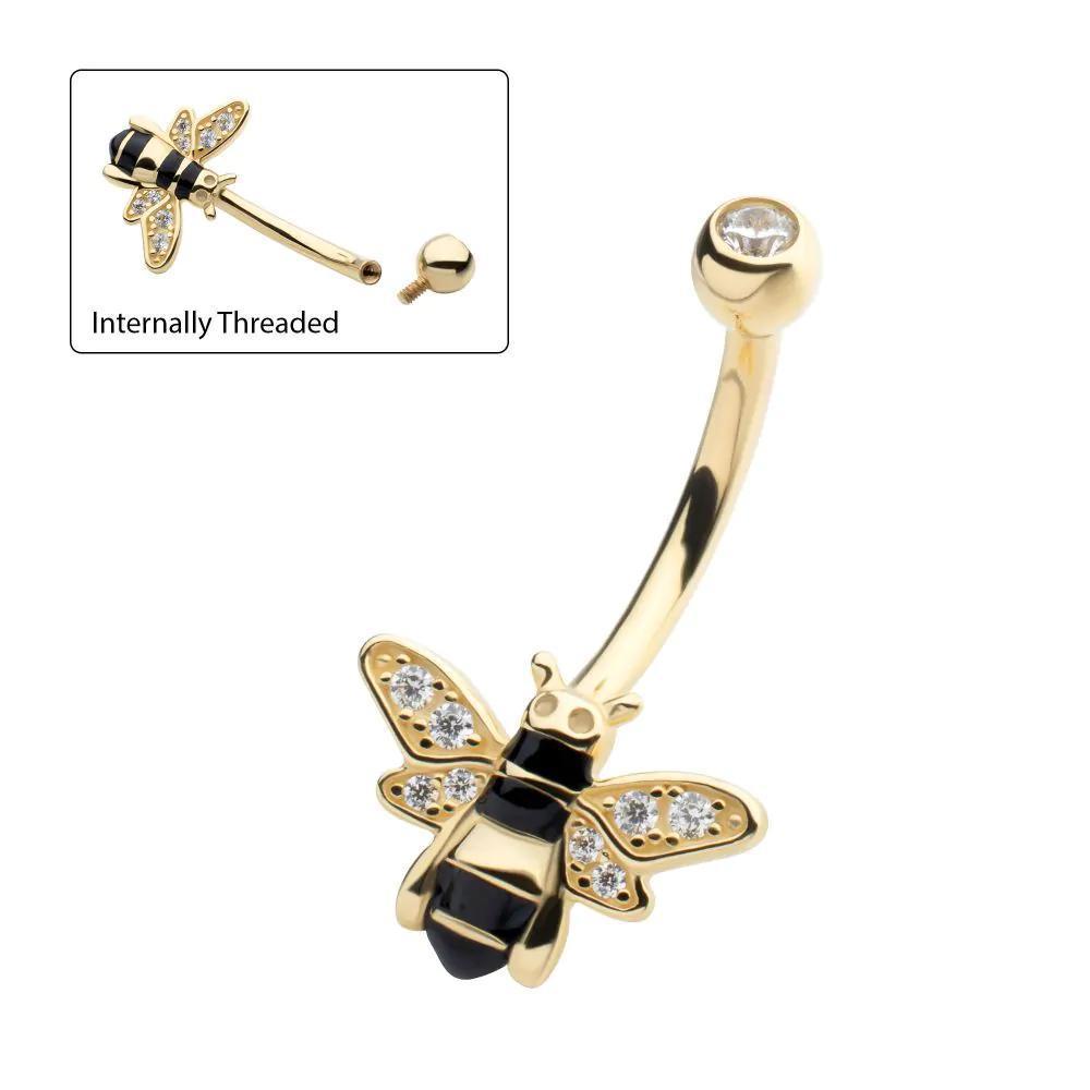Invictus | 14k gold | Pave Set Round Clear CZ Enamel Bee Navel Curve | 14g 7/16