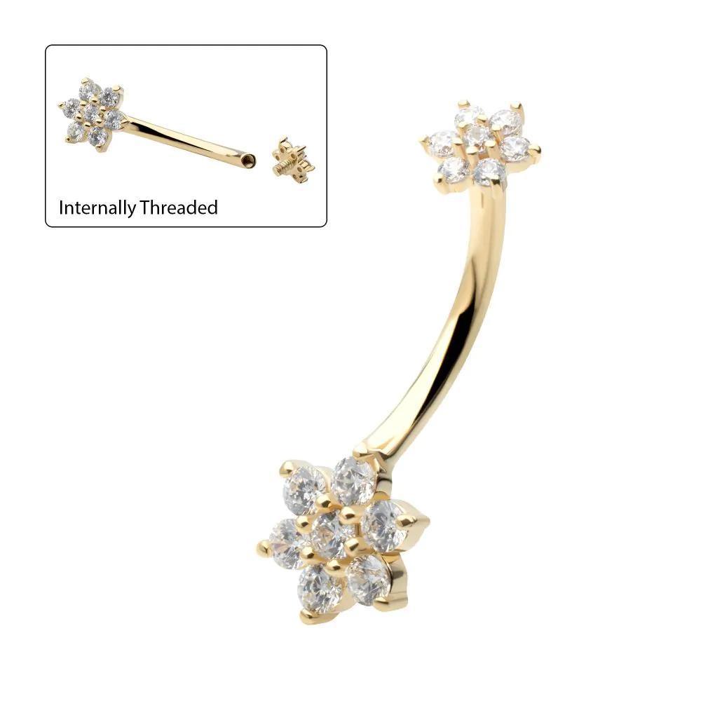 Invictus | 14k gold | Pronged Round Clear CZ Double Flower Navel Curve | 14g 7/16