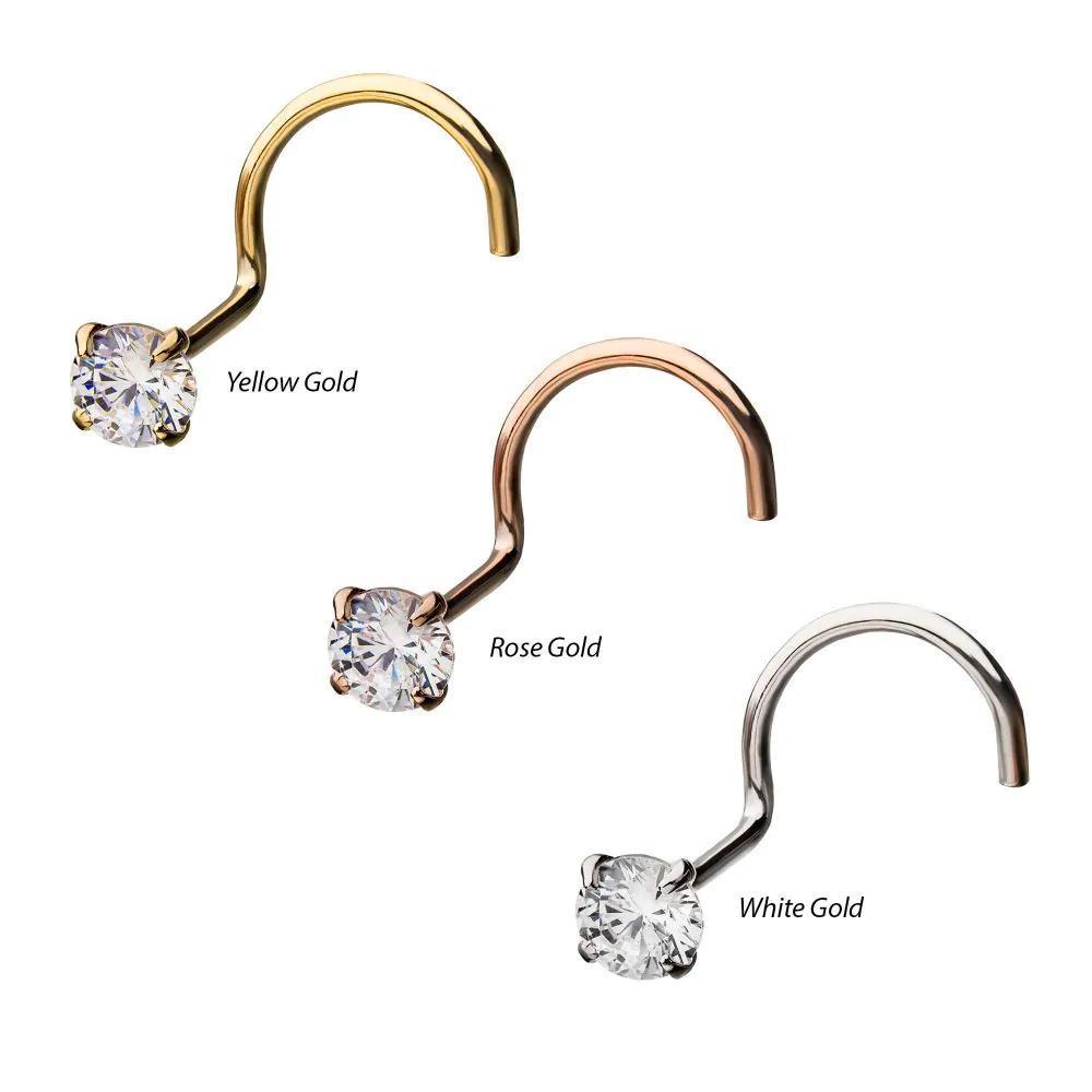 Invictus | 14k gold | Nose Screw | 3mm Prong Set Clear CZ