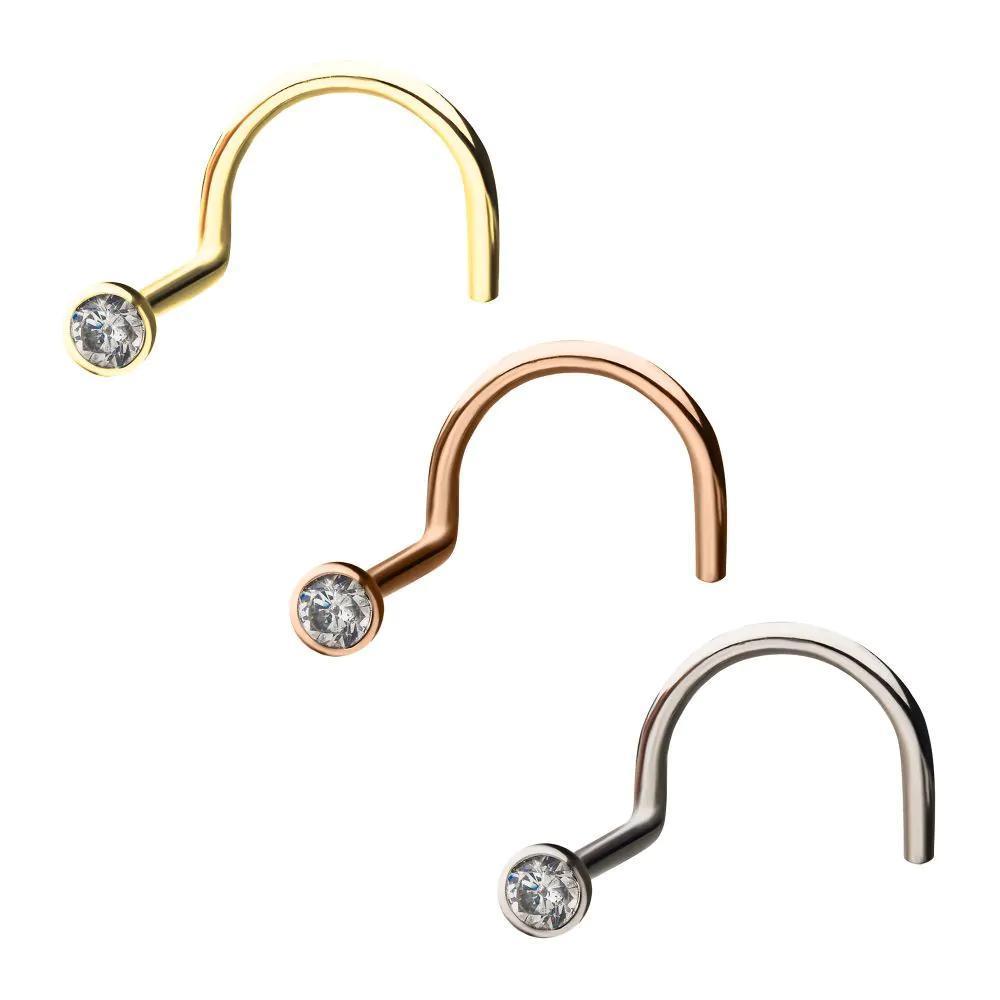 Invictus | 14k gold | Nose Screw | Bezel Set Gem | Clear CZ