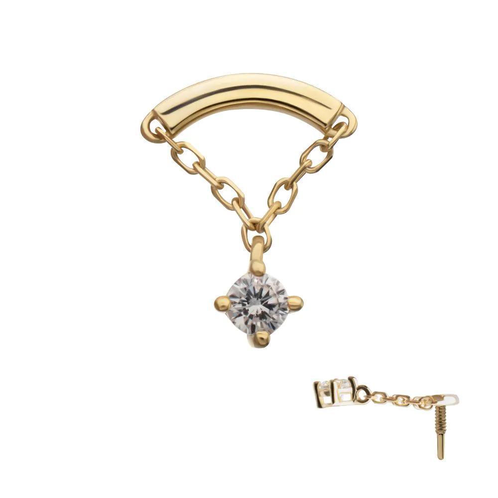 Invictus | 14k gold | Curved Bar with 4-Prong Chain Dangle | CZ