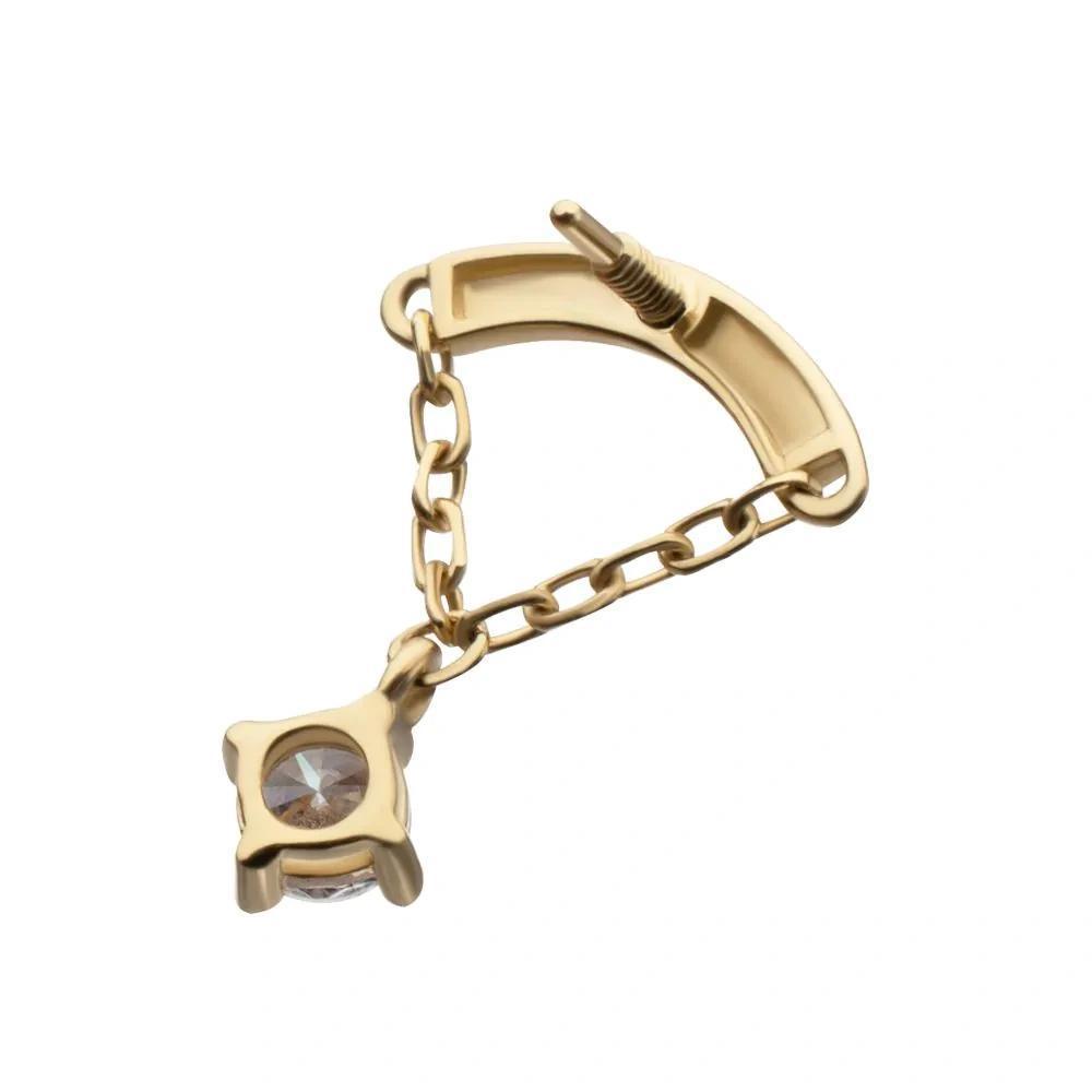 Invictus | 14k gold | Curved Bar with 4-Prong Chain Dangle | CZ