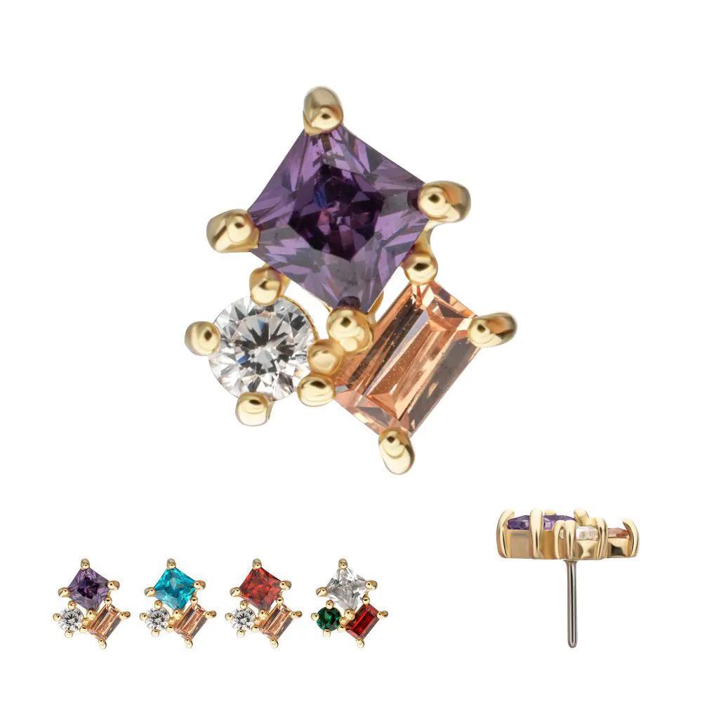 Invictus | 14k gold | 3-Cluster Round, Square & Baguette Prong Set Multi-Gem Top