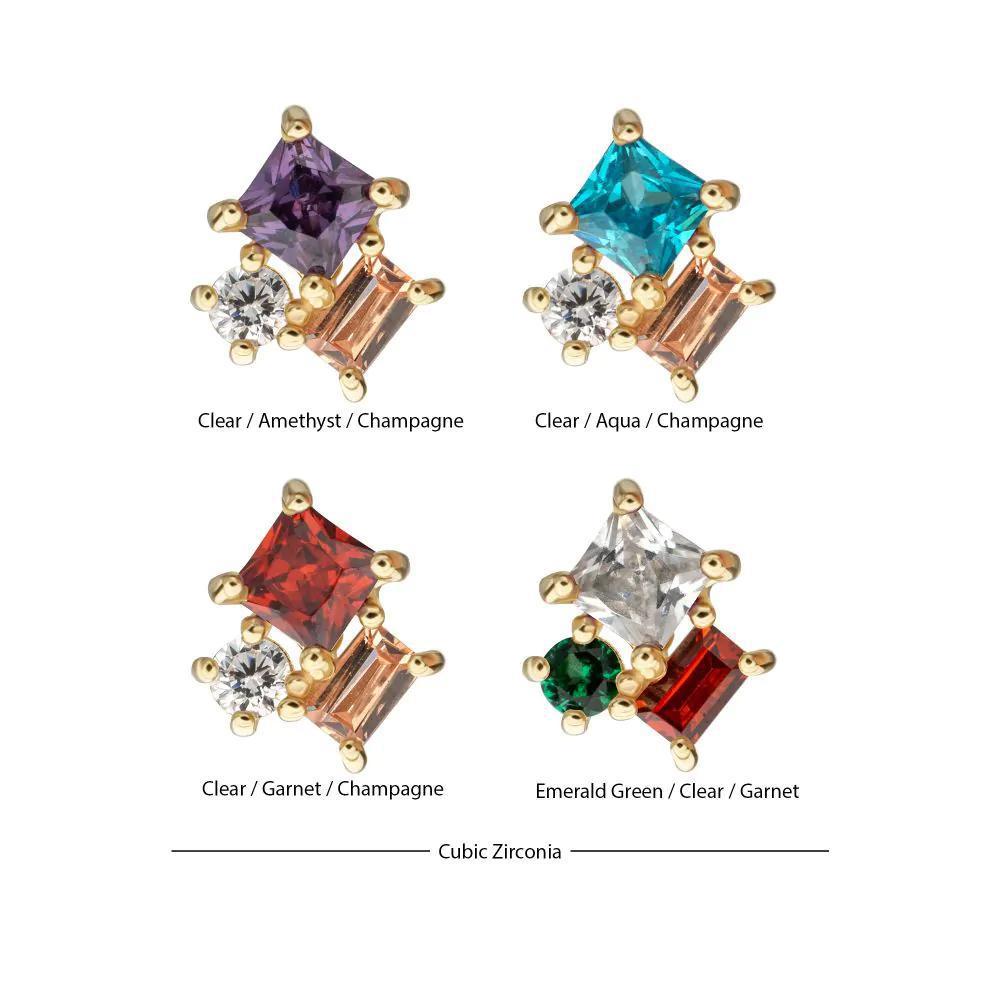 Invictus | 14k gold | 3-Cluster Round, Square & Baguette Prong Set Multi-Gem Top