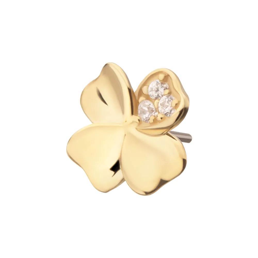 Invictus | 14k gold | 3D Clover Top with Triple CZ Gem | Clear CZ