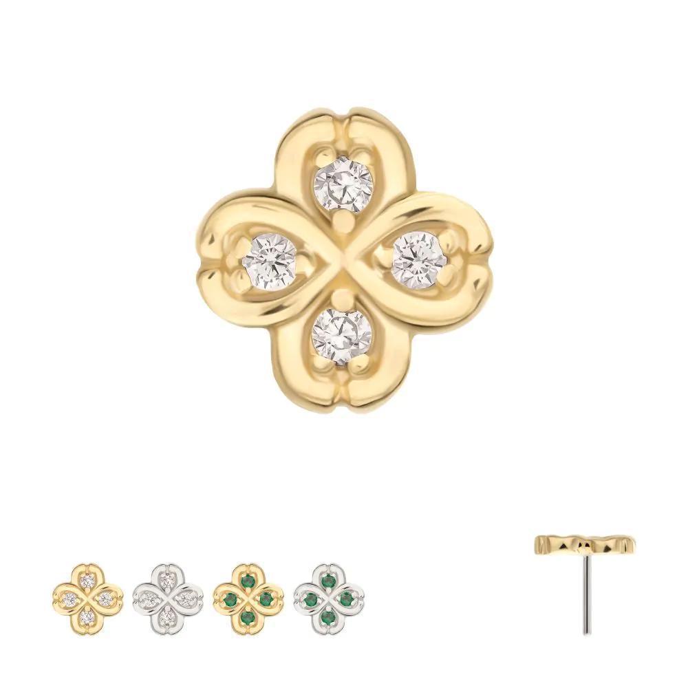Invictus | 14k gold | 4 Leaf Clover with Prong Gem Accents Top | Cubic Zirconia