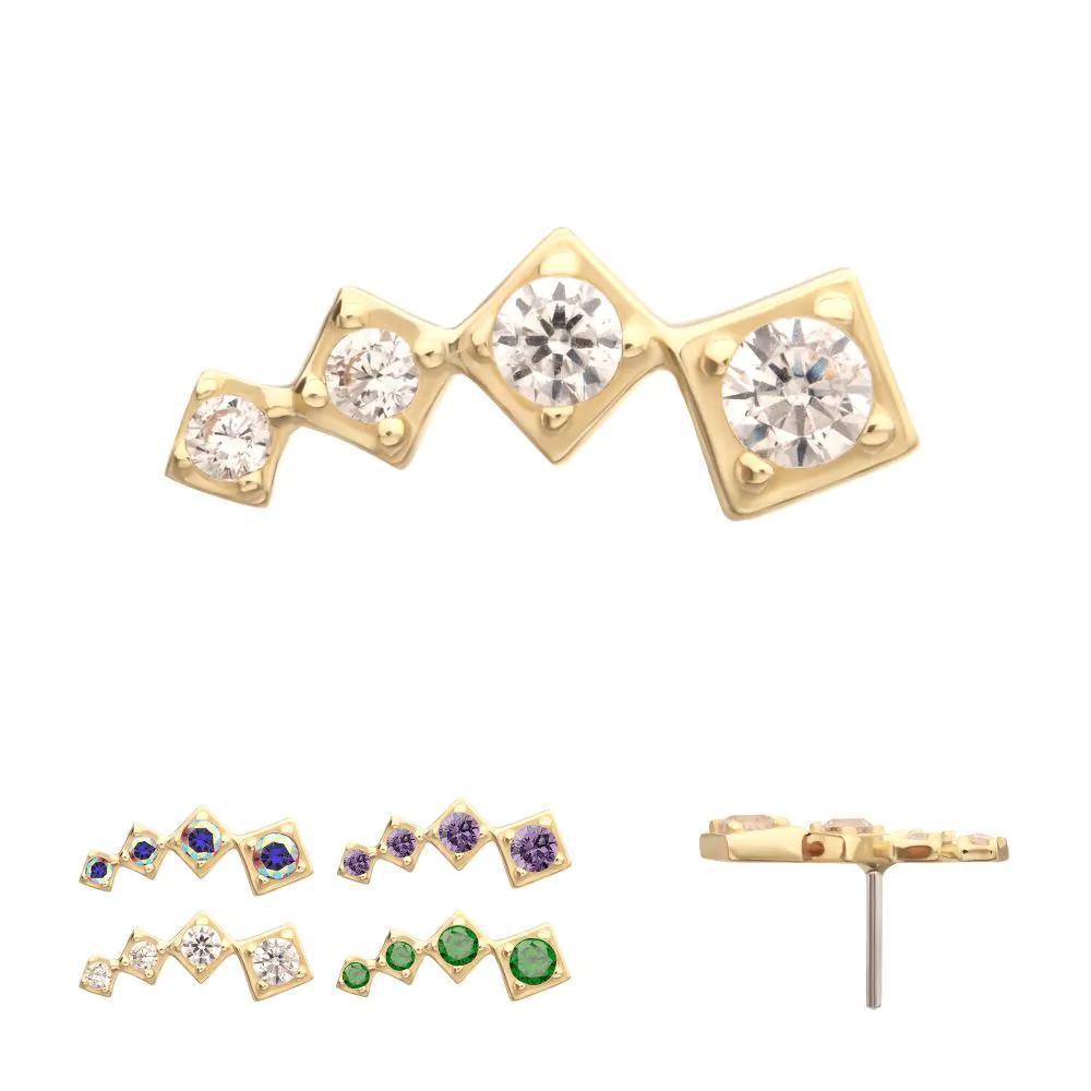 Invictus | 14k gold | 4-Cluster Staggered Square Shape Top with Prong Set Gem | Cubic Zirconia