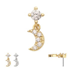 Invictus | 14k gold | 4-Prong CZ 2mm Gem Top with Pave CZ Gem Crescent Moon Dangle | Clear CZ