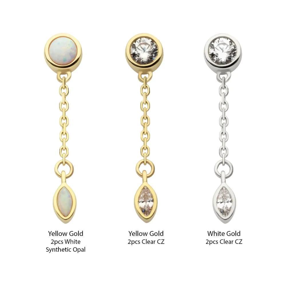 Invictus | 14k gold | Bezel Set Dangle with Marquise Drop | Clear CZ + Synthetic Opal