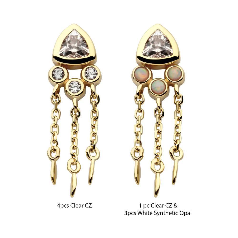 Invictus | 14k gold | Bezel Set Round + Trillion w/ Triple Dangle Chain | CZ + Synthetic Opal