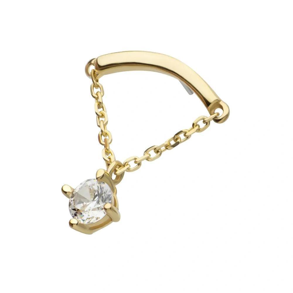 Invictus | 14k gold | Curved Bar with Single Prong Set Dangle | CZ