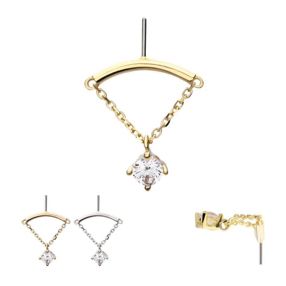 Invictus | 14k gold | Hidden Helix Curved Bar with Dangle | CZ