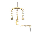 Invictus | 14k gold | Hidden Helix Curved Bar with Moon and Stars Dangle