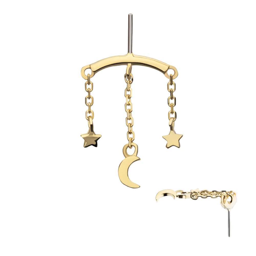 Invictus | 14k gold | Hidden Helix Curved Bar with Moon and Stars Dangle