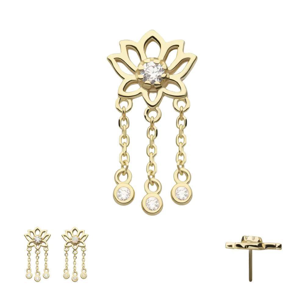 Invictus | 14k gold | Lotus with Triple Chain Dangle | CZ + Synthetic Opal