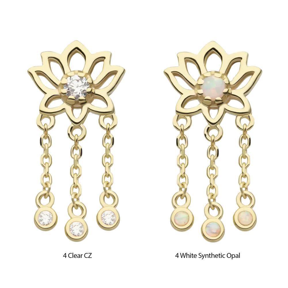 Invictus | 14k gold | Lotus with Triple Chain Dangle | CZ + Synthetic Opal