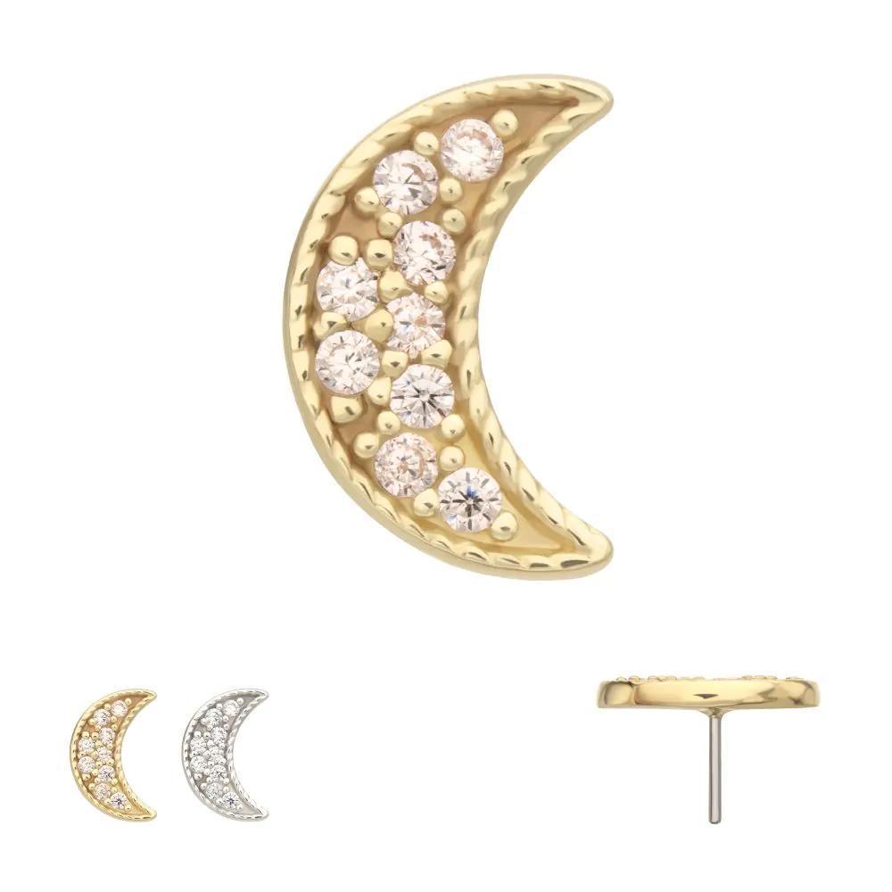 Invictus | 14k gold | Milgrain Edge Crescent Moon Top with Pave CZ Gem | Clear CZ