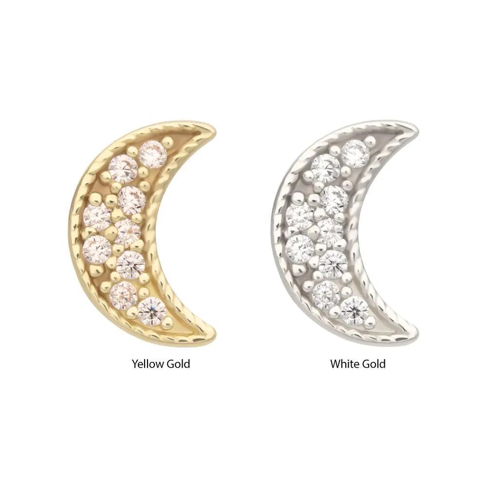 Invictus | 14k gold | Milgrain Edge Crescent Moon Top with Pave CZ Gem | Clear CZ