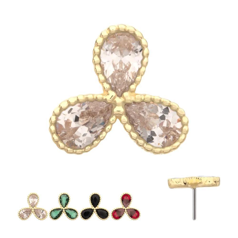 Invictus | 14k gold | Milgrain Edge Teardrop CZ Gem 3-Petal Flower Top | Cubic Zirconia