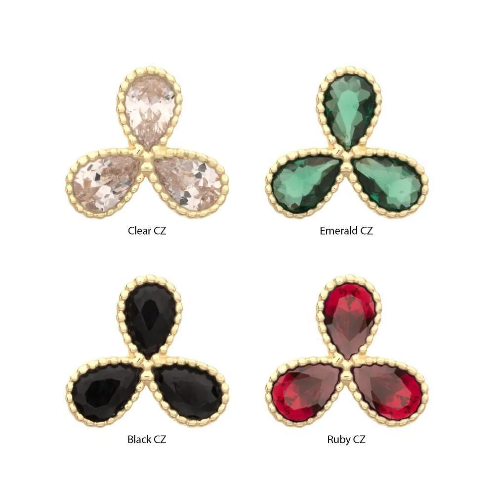 Invictus | 14k gold | Milgrain Edge Teardrop CZ Gem 3-Petal Flower Top | Cubic Zirconia