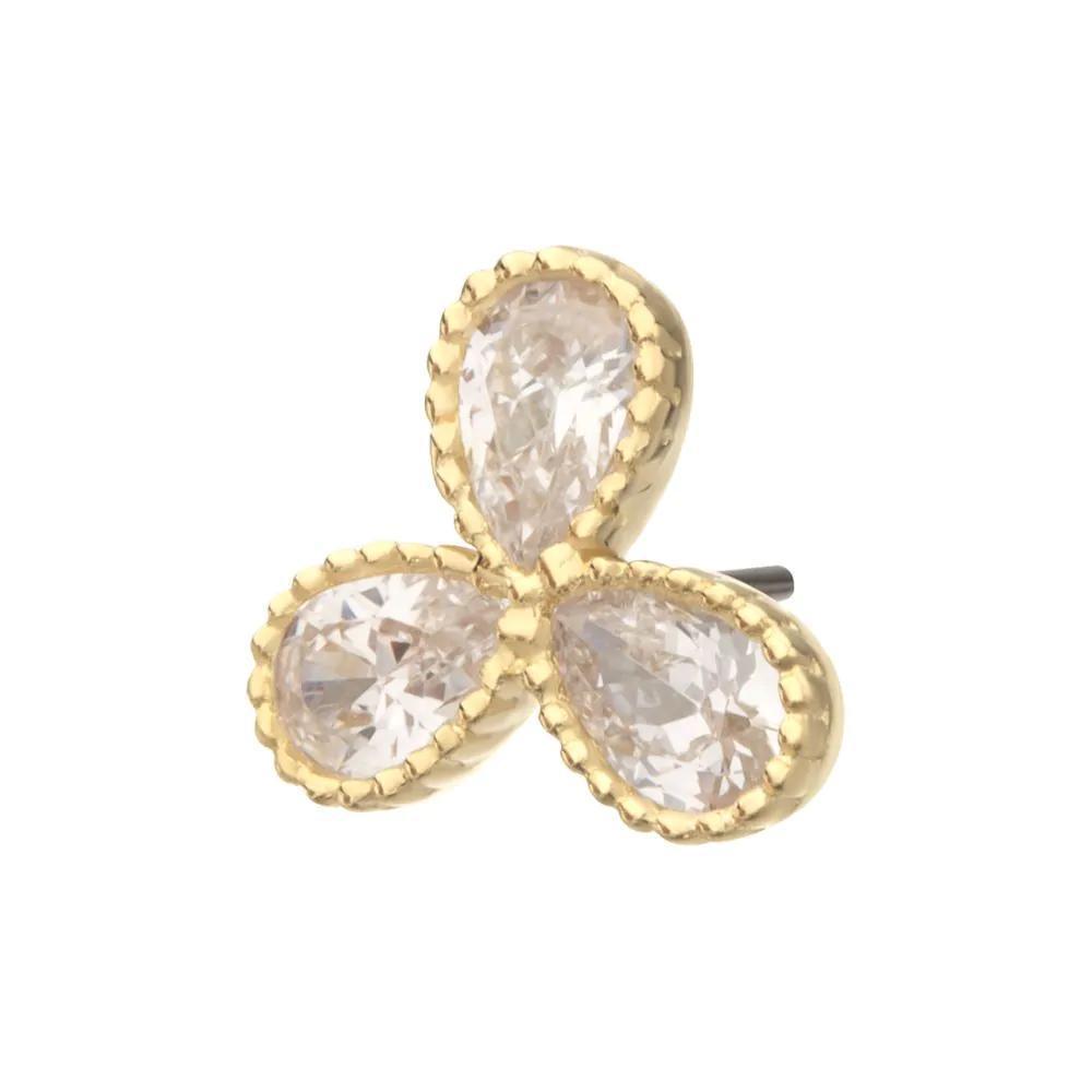 Invictus | 14k gold | Milgrain Edge Teardrop CZ Gem 3-Petal Flower Top | Cubic Zirconia