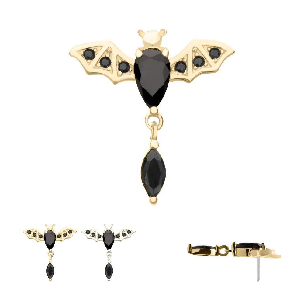 Invictus | 14k gold | Prong Set Bat with Dangle | Black CZ