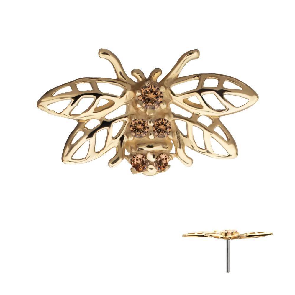 Invictus | 14k gold | Prong Set Gem Hollow Cut Bee Top | Champagne CZ