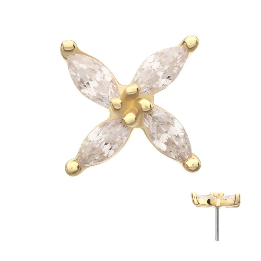 Invictus | 14k gold | Prong Set Marquise CZ Gem 4-Petal Flower Top | Clear CZ
